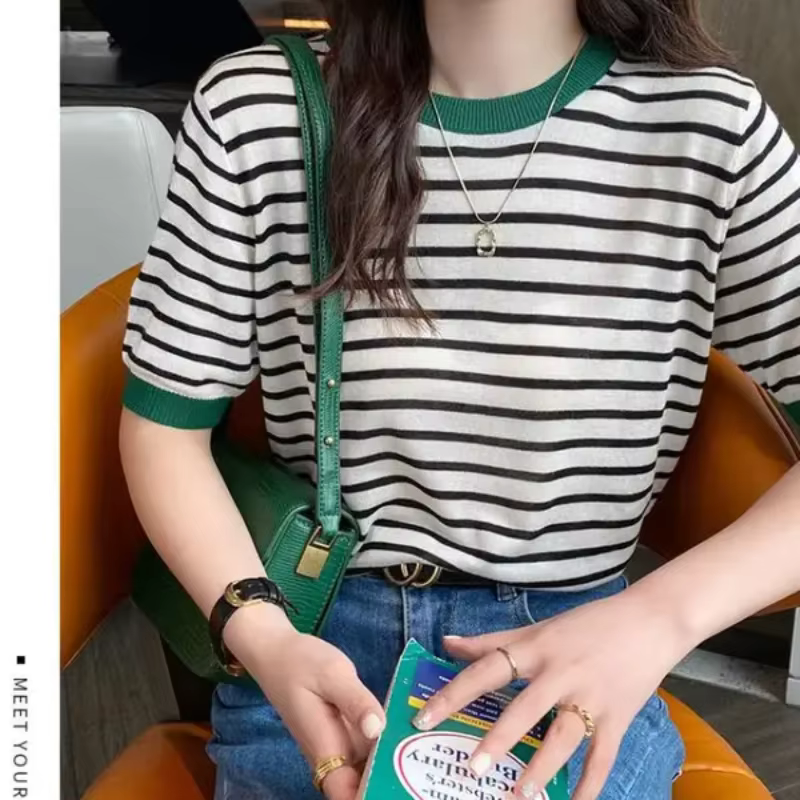 2025 hauts à rayures femmes tricoté col rond été imprimé à manches courtes décontracté Simple sauvage T-Shirt
