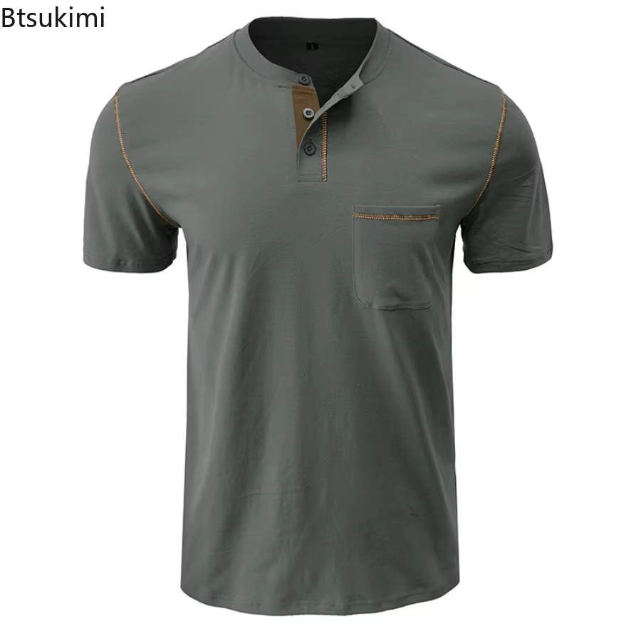 Nouveau Polo de Golf Homme à Col Henry Manches Courtes – T-shirt Décontracté d'Été Respirant avec Poche