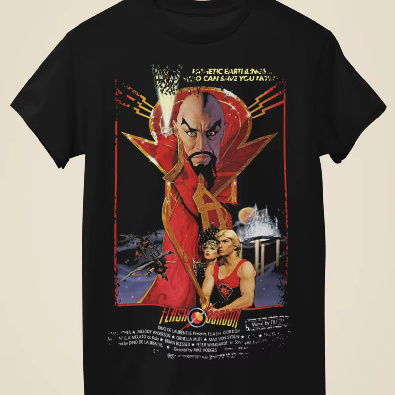 T-shirt noir unisexe inspiré de l'affiche du film Flash Gordon