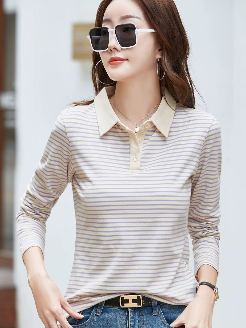 Nouveau Polo Femme Manches Longues Rayé Coton T-shirt Printemps Automne Mode Contraste Hauts Féminins Vêtements de Sport Golf