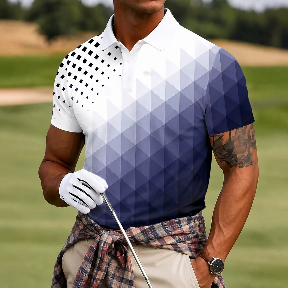Polo pour homme à imprimé géométrique dégradé noir et blanc