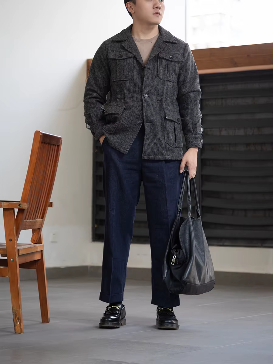 Veste de chasse en tweed à os de poisson en pure laine faite maison