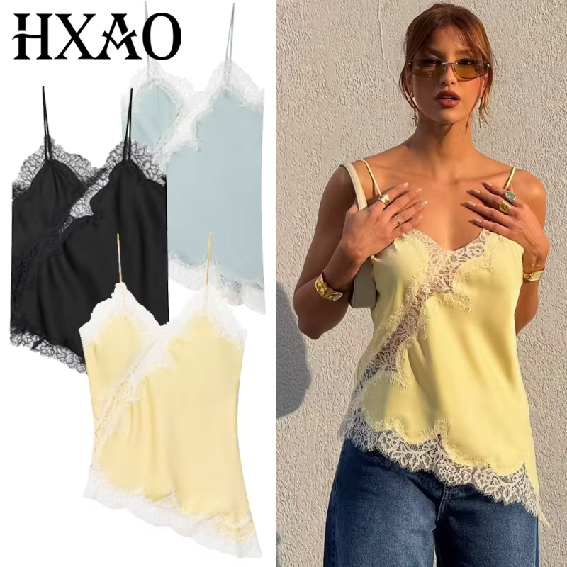 HXAO 2025 femme asymétrique haut à bretelles femmes Sexy noir jaune bleu