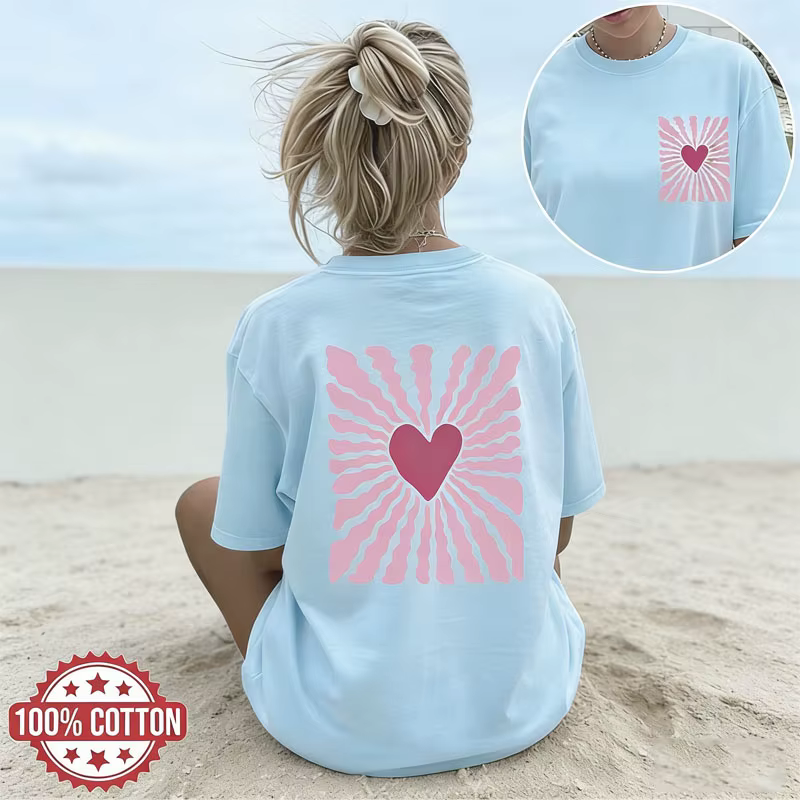 T-shirt en coton pour femme, décontracté, à manches courtes, avec motif en forme de cœur, pour l'été, vêtement de tous les jours, haut basique, tee-shirt minimaliste