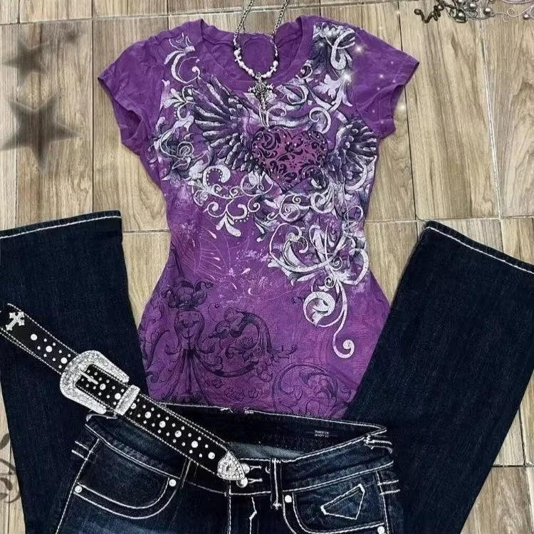 Femmes sous-culture Vintage violet imprimé T-Shirt été Y2k américain rétro mince t-shirts décontracté Harajuku Grunge hauts à la mode nouveau