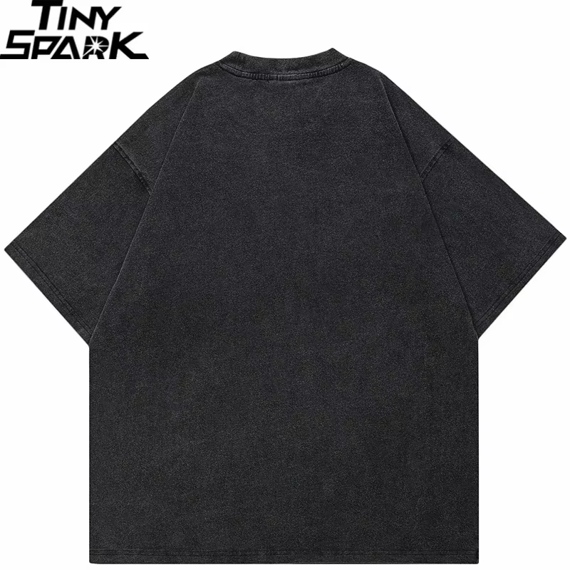 Rétro Vintage lavé noir T-Shirt Streetwear graphique travail d'équipe crâne fantôme