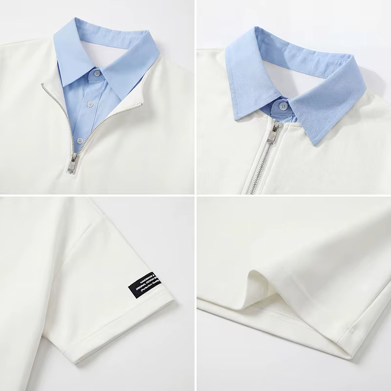 Chemises polo tendance à demi-zip bicolores pour hommes