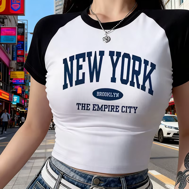 T-shirt court à col rond imprimé Lettre New York pour femme