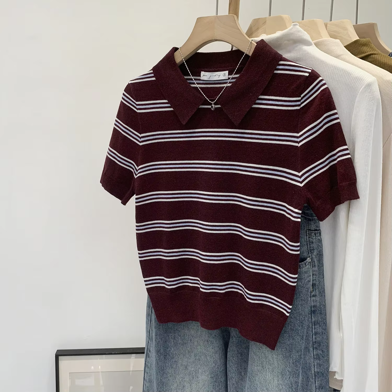 Français élégant col Polo rayé à manches courtes haut tricoté femmes été coupe ajustée belle petite chemise T-Shirt mode féminine