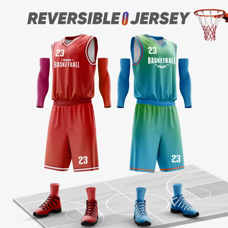 Maillots de basket-ball réversibles pour hommes par sublimation avec logo imprimé en polyester