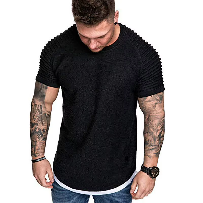 Mode manches plissées hommes T-shirt rayé épaule drôle t-shirts Hip Hop hauts coupe ajustée