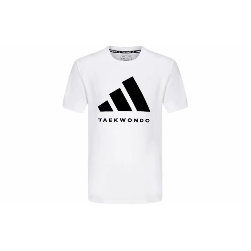 T-shirt adidas blanc et noir à col rond unisexe avec logo TAEKWONDO imprimé
