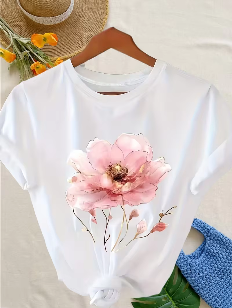 T-shirt à imprimé floral pour femme avec accents dorés - Haut décontracté à manches courtes