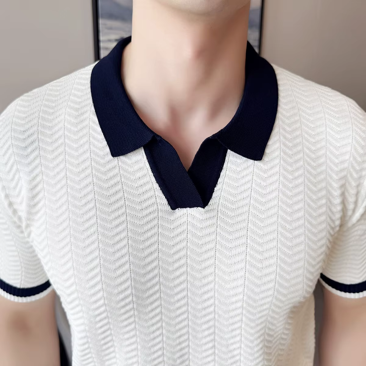 Mode nid d'abeille Texture contraste couleur t-shirts hommes tricotés polos été à manches courtes mince hauts élastique