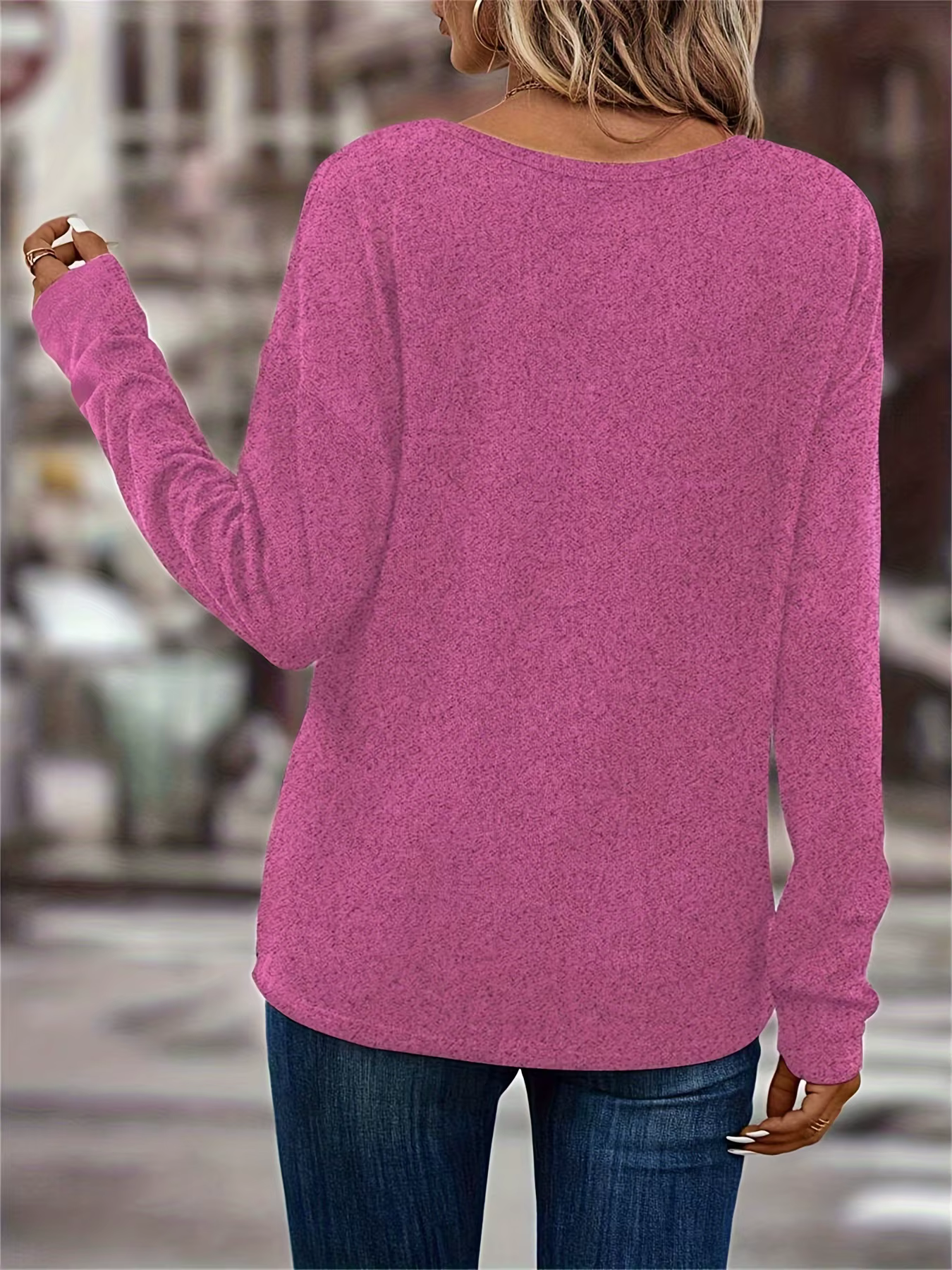 T-shirt uni à manches longues et col en V pour femme
