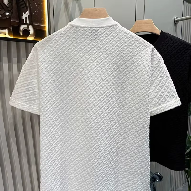 T-shirt d'été pour homme en jacquard texturé à manches courtes, col rond, ample, respirant, basique et décontracté