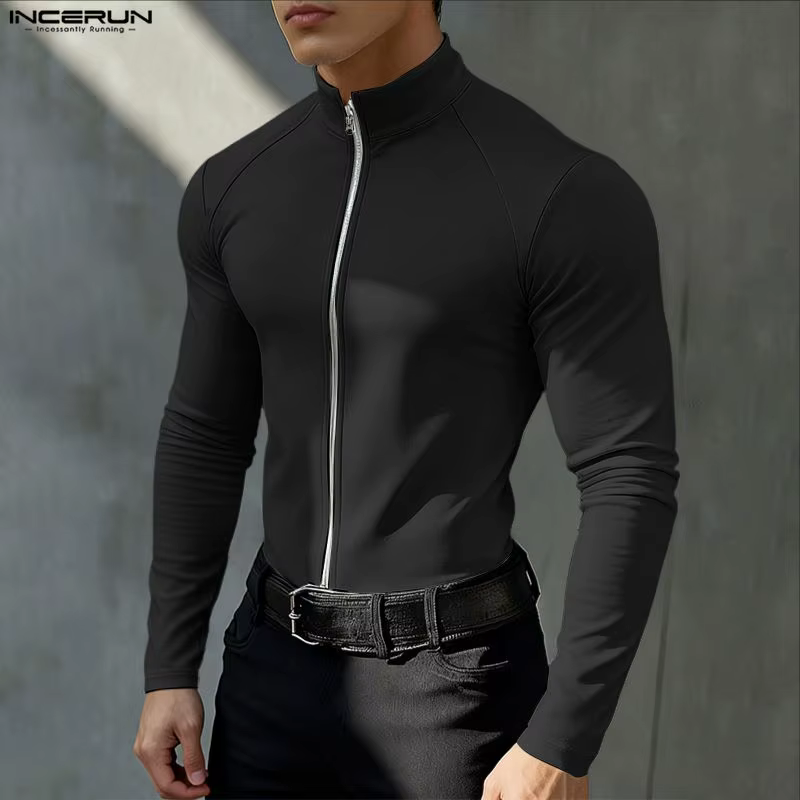 INCERUN hommes t-shirt col roulé fermeture éclair manches longues décontracté mâle