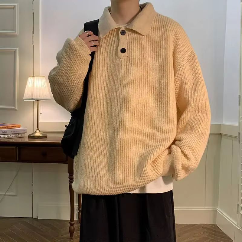 Japonais paresseux Style Polo col pull hommes rétro café surdimensionné tricoté