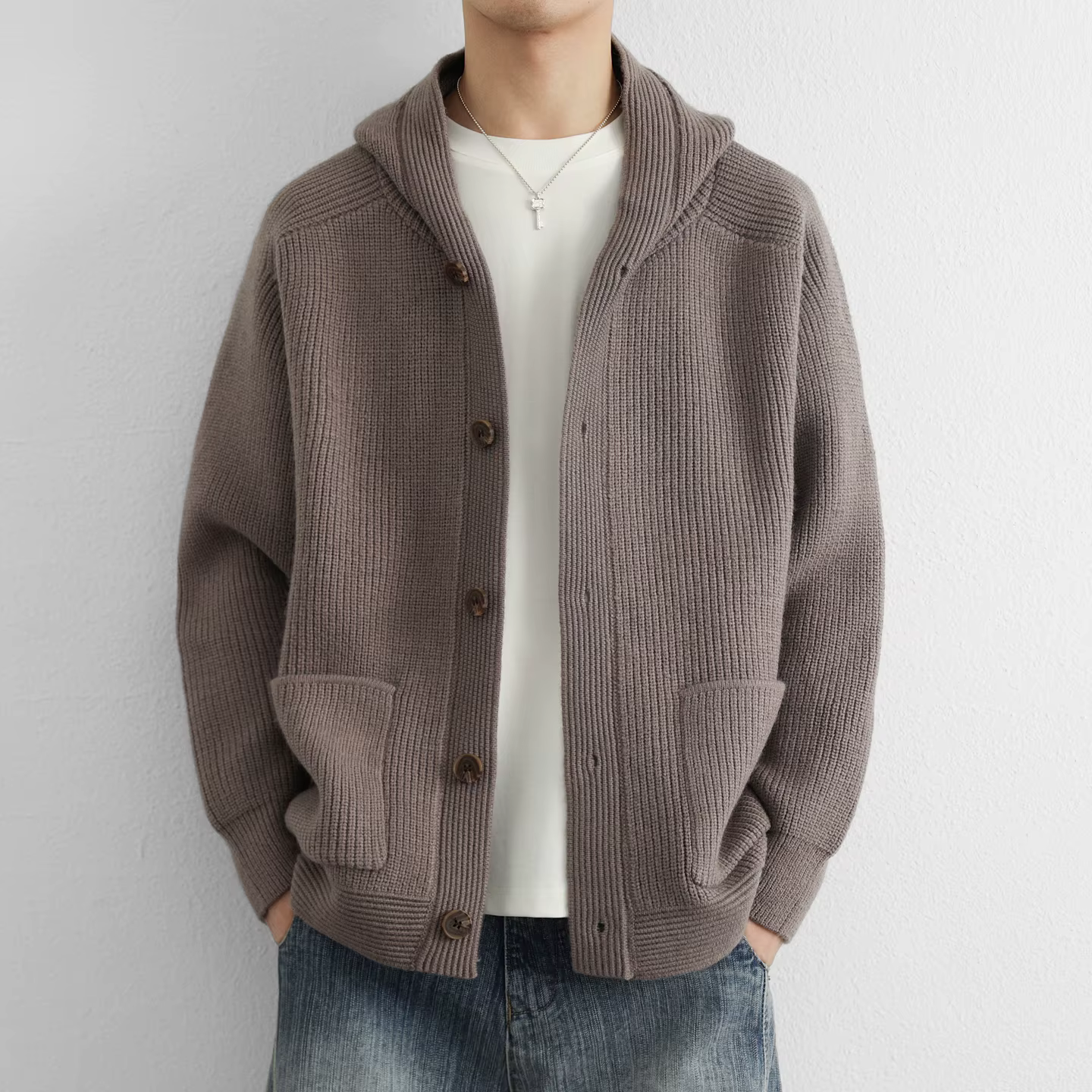 Nouveau cardigan à capuche uni pour homme, pull tricoté ample, veste tendance streetwear, cardigan décontracté à capuche pour homme