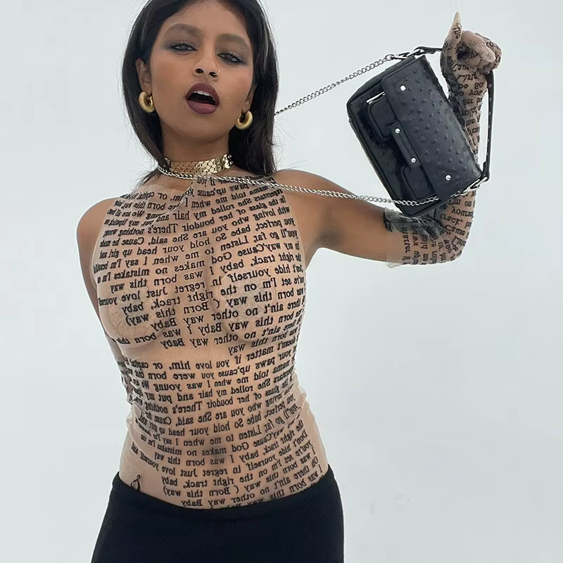AHAgaga Sexy T-shirt femmes 2022 hiver décontracté lettre imprimer maigre voir à travers avec des gants chemises