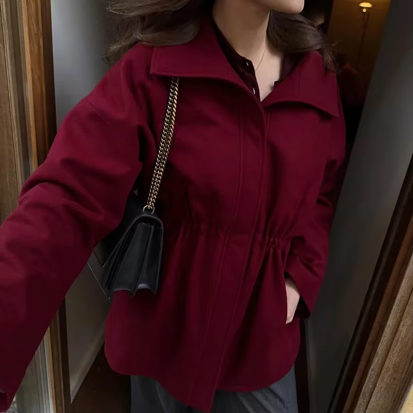 Manteau en Tweed pour femmes, col haut, col tortue, cordon de serrage, taille, manches longues, ceinture, automne hiver, vêtements d'extérieur élégants