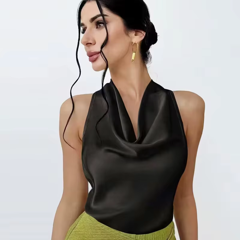 MUJER Satin haut à licou femme 2026 Sexy dos nu hauts pour femmes Camisole épaules nues