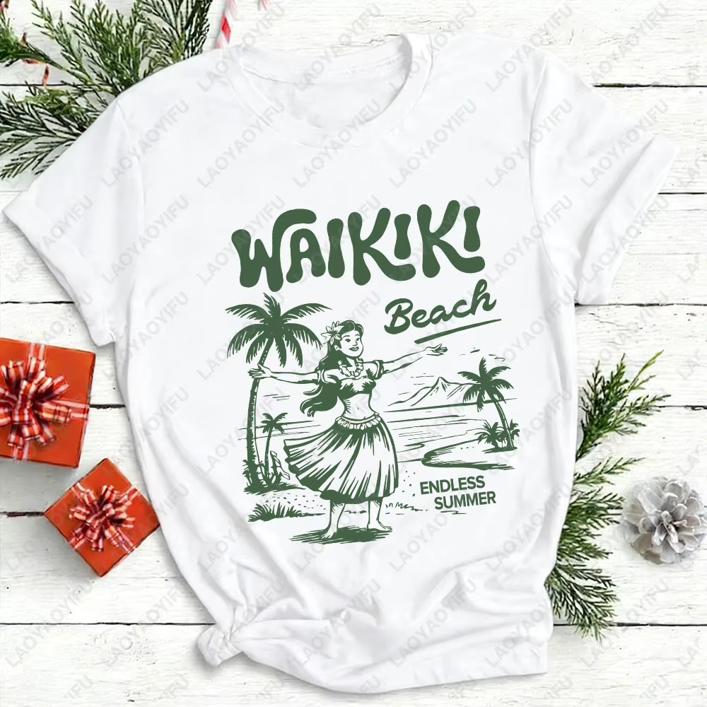 Waikiki chemise de plage Hawaii graphique T-Shirt Hula Girl Vintage île