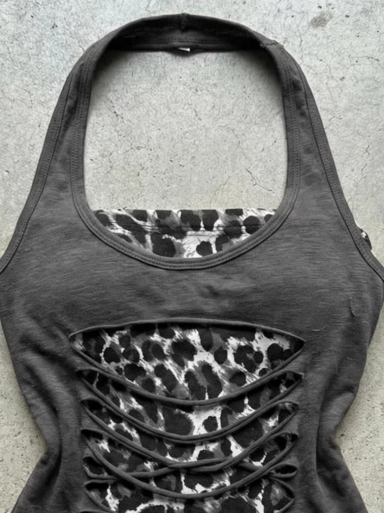 Débardeur Halter Léopard Esthétique Y2K Effet Deux Pièces pour Femme