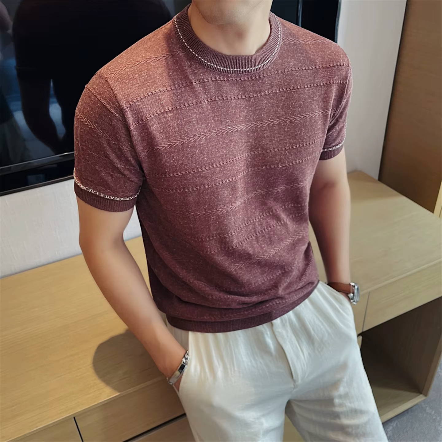 T-shirt en maille mélangée lin bicolore pour homme