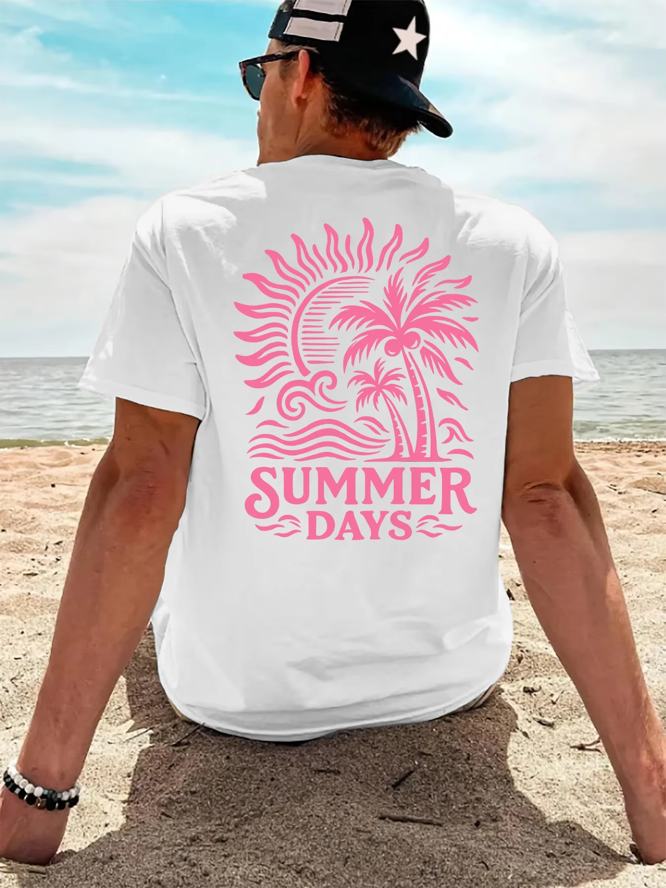 T-shirt pour homme « Summer Days Palm Tree Beach » 100 % coton