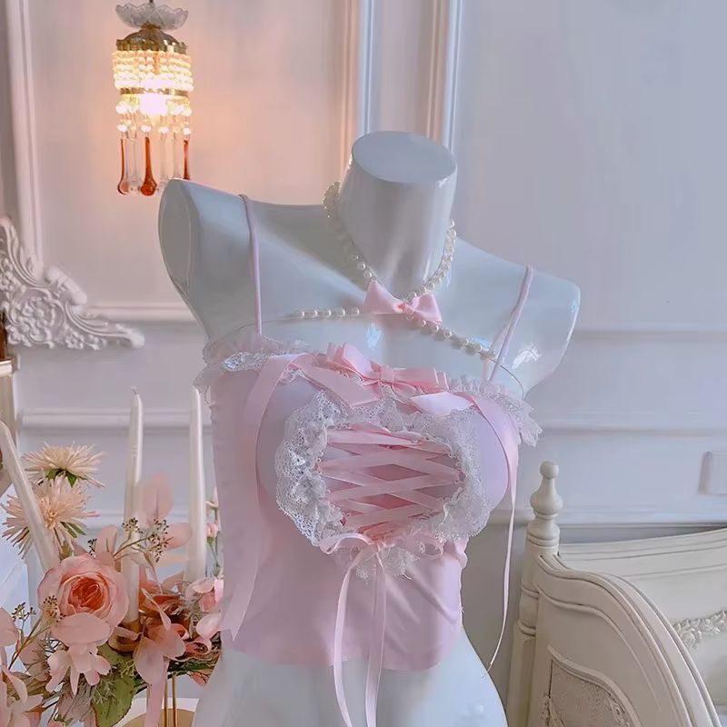 Haut court en dentelle en forme de cœur pour femmes, garniture mignonne, décoration de nœud, coupe couvertes, vêtements Sweet Girls, style Lolita Kawaii, été
