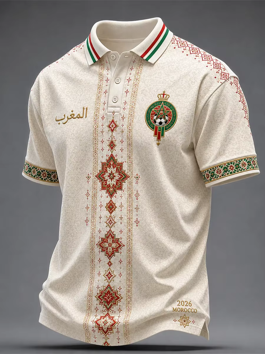 Polo de football marocain modèle 2026 - Impression 3D - Confortable et respirant - Convient aux hommes et aux femmes