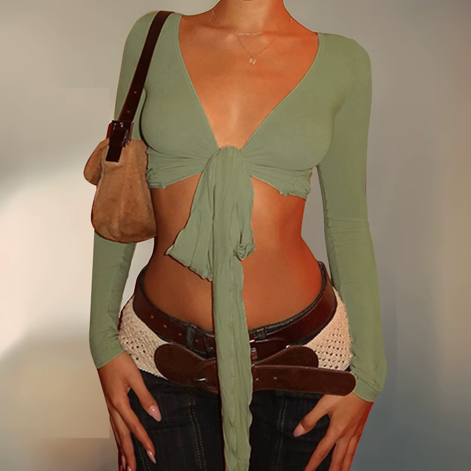Femmes Fitness Yoga T-Shirts couleur unie cravate devant col en v à manches longues chemise de fond sans couture entraînement culture hauts haussements d'épaules