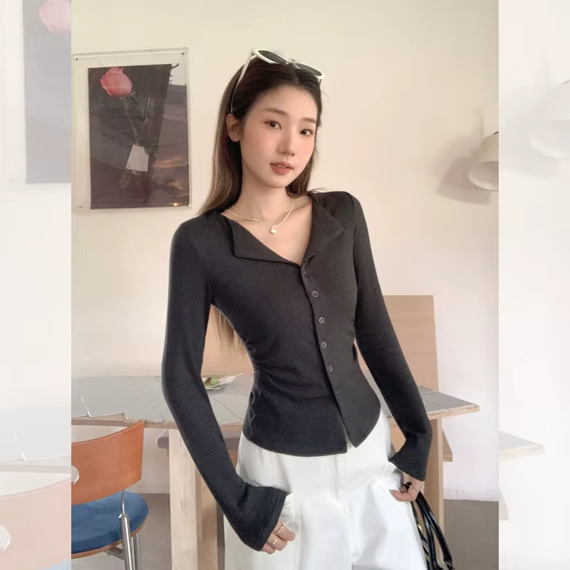 T-shirt à manches longues et col POLO pour femme