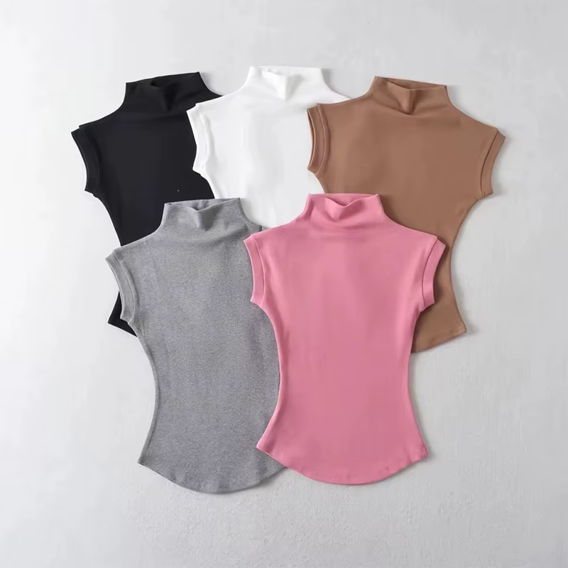 Femmes été Sexy col roulé sans manches T-Shirts hauts solide coupe ajustée pulls