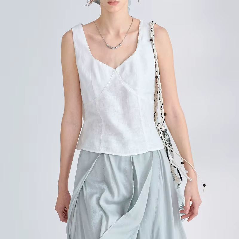 Nouveau débardeur élégant pour femme 100% lin à col en V et bordure en dentelle