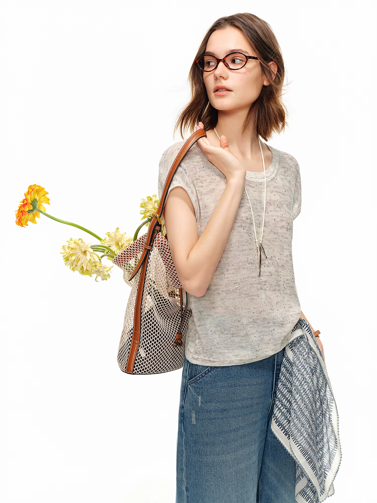 DUSHU T-shirt en maille col U en mélange de lin
