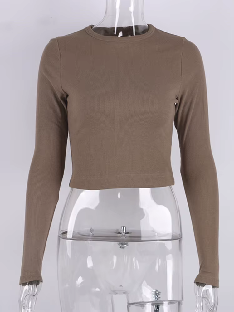 O cou à manches longues chemise femmes côtelé Sexy hauts courts 2022 printemps noir décontracté maigre mince basique femme t-shirts blanc