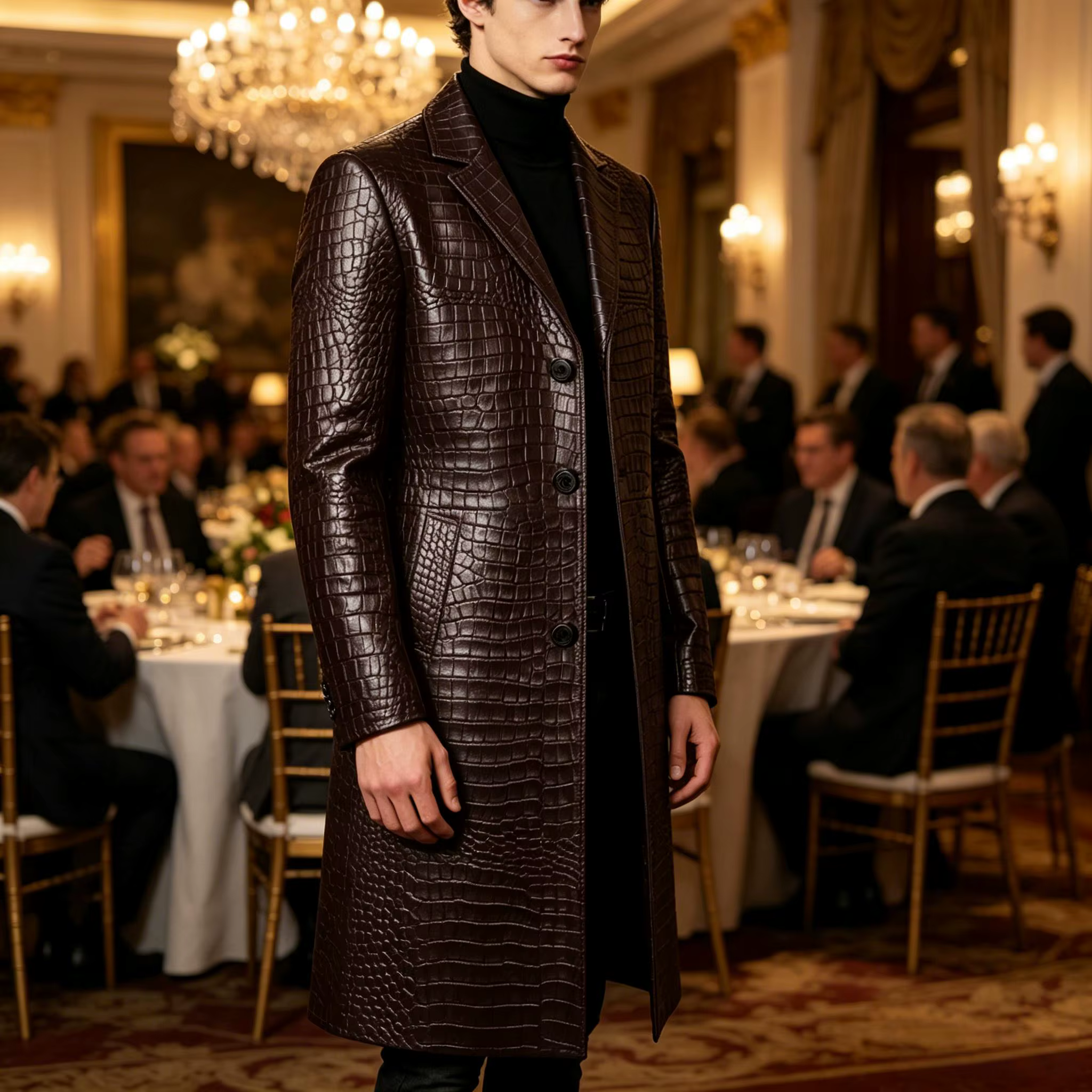 Manteau long en cuir gaufré crocodile de qualité supérieure pour homme, coupe ajustée, simple boutonnage, style formel et streetwear