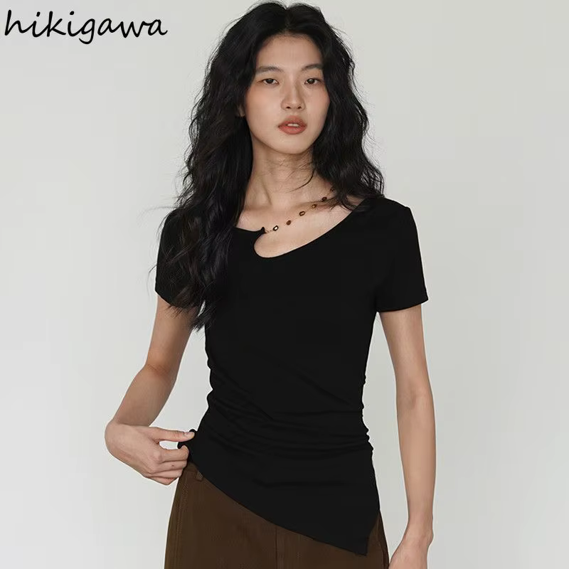 T-shirts Femme Noire 2026 – Tunique à Manches Courtes en Coton Y2K – Hauts Décontractés et Sexy pour l'Été – Style Coréen – Camisetas