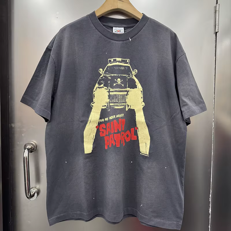 SAINT PATOROL T-shirt vintage à col rond surdimensionné avec logo crânes imprimé voiture