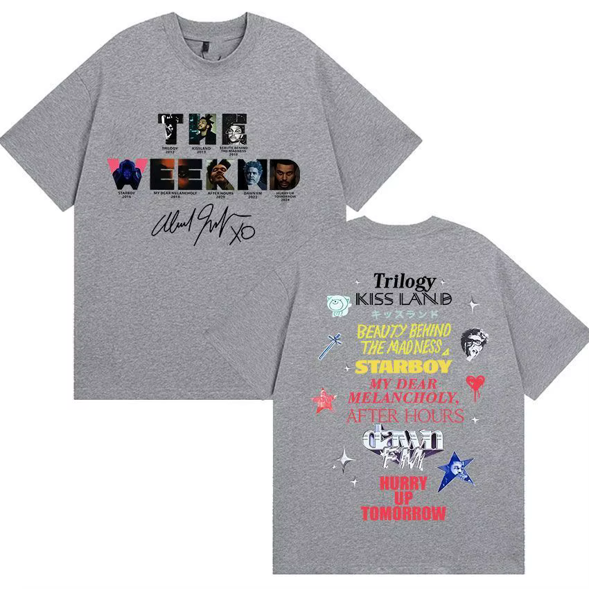 T-shirt graphique The Weeknd avec la discographie complète de l'artiste