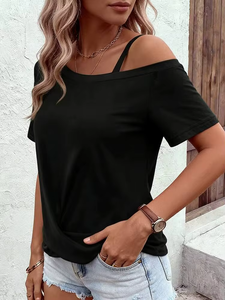 T-shirt femme noir printemps-été à une épaule