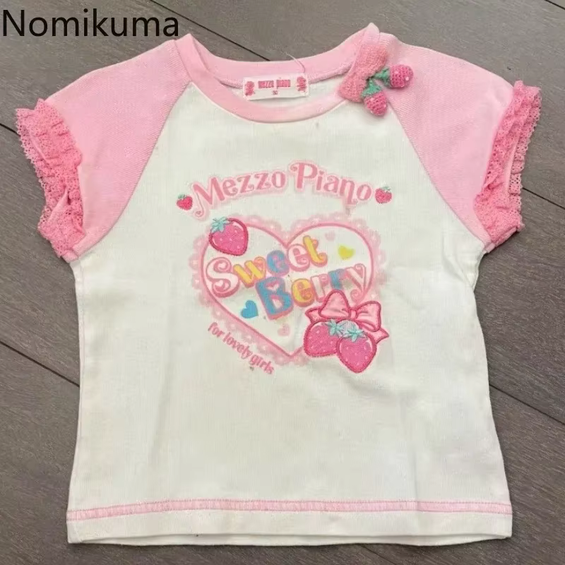 2025 Ropa Mujer femme t-shirts broderie fraise culture hauts à manches courtes col rond