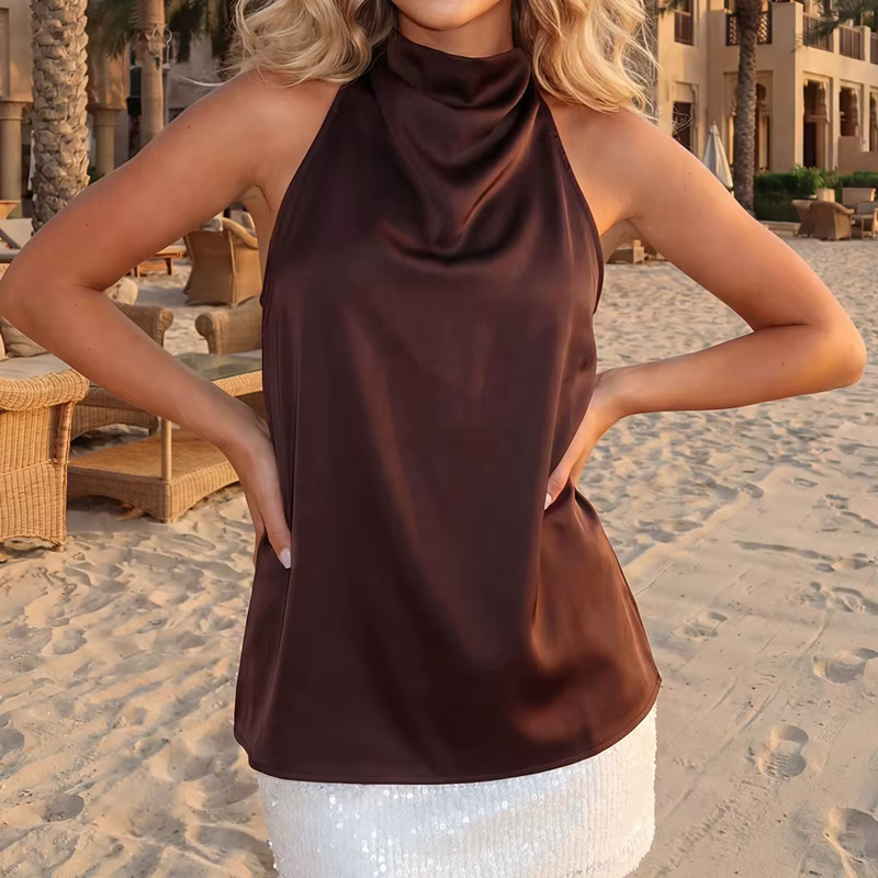 Débardeur fluide à col montant Y2K pour femme, élégant, en satin drapé, avec boutons au dos, sans manches, en soie, style gilet, chemisier ample d'été