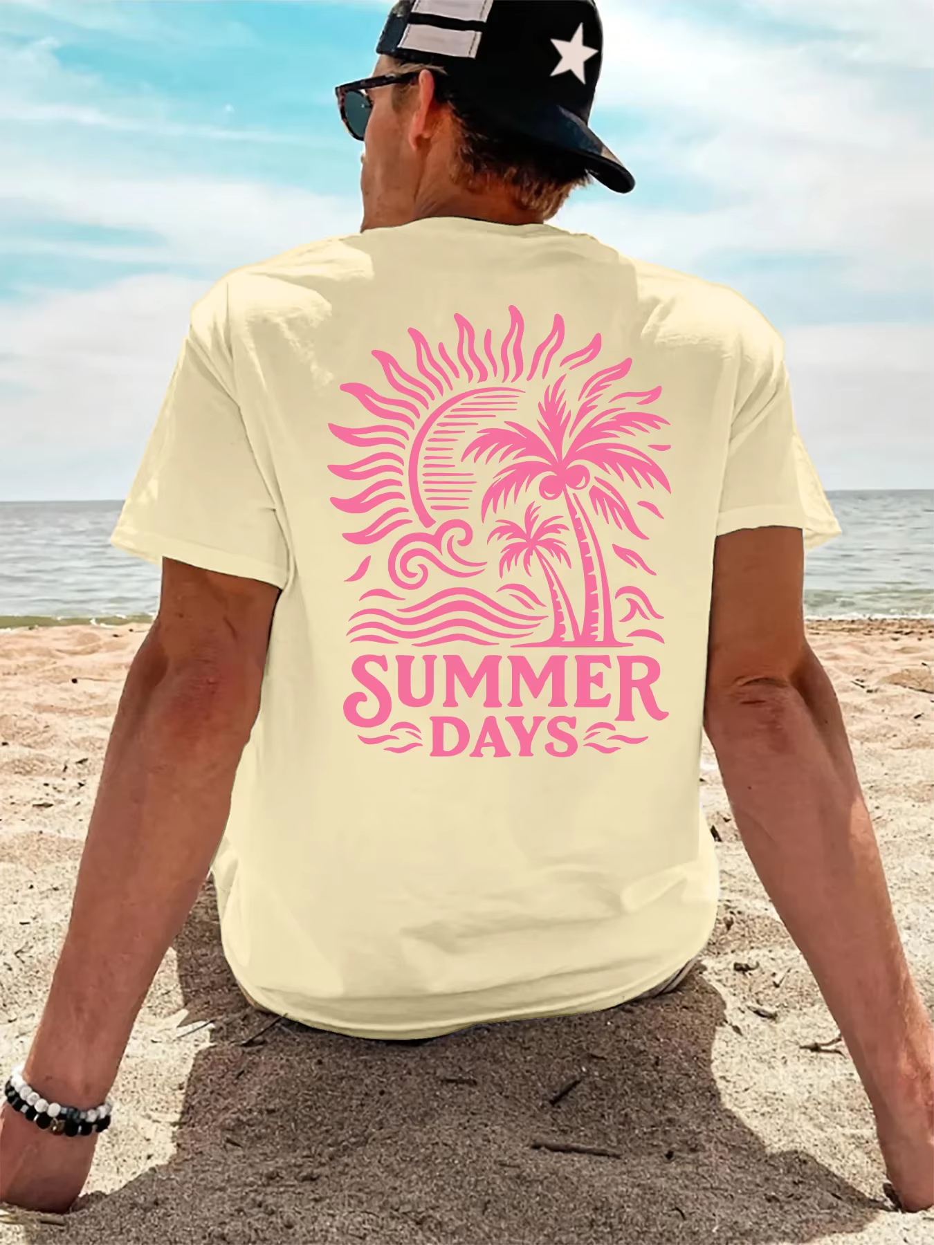 T-shirt pour homme « Summer Days Palm Tree Beach » 100 % coton