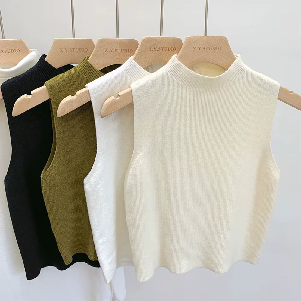 Débardeur femme couleur unie t-shirts tricotés recadrée Camisole pull demi-col roulé printemps automne sans manches топ ж dik onder