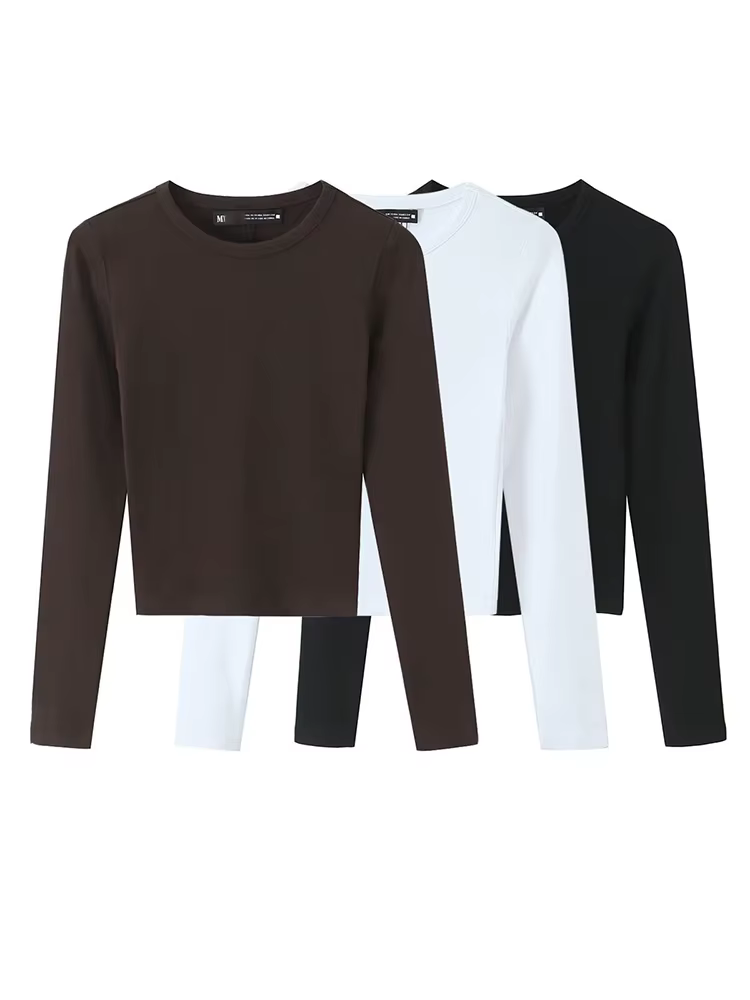 T-shirt Femme Printemps Mode Casual Slim Style Urbain Élégant Col Rond Manches Longues Chic Uni 3 Couleurs Hauts Courts