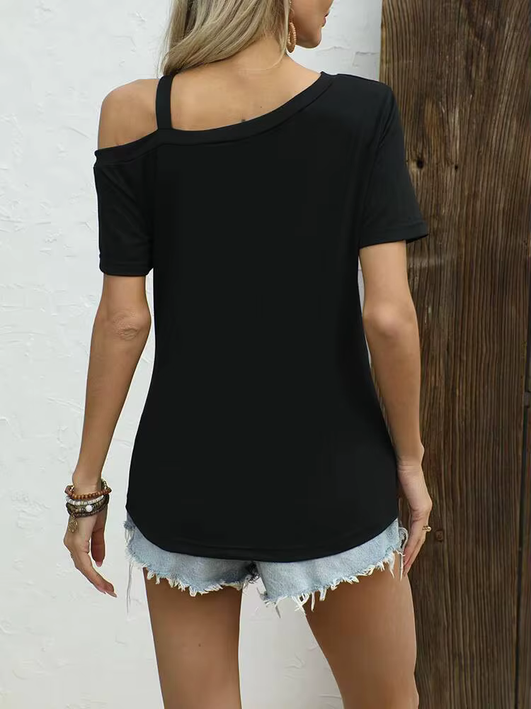 T-shirt femme noir printemps-été à une épaule