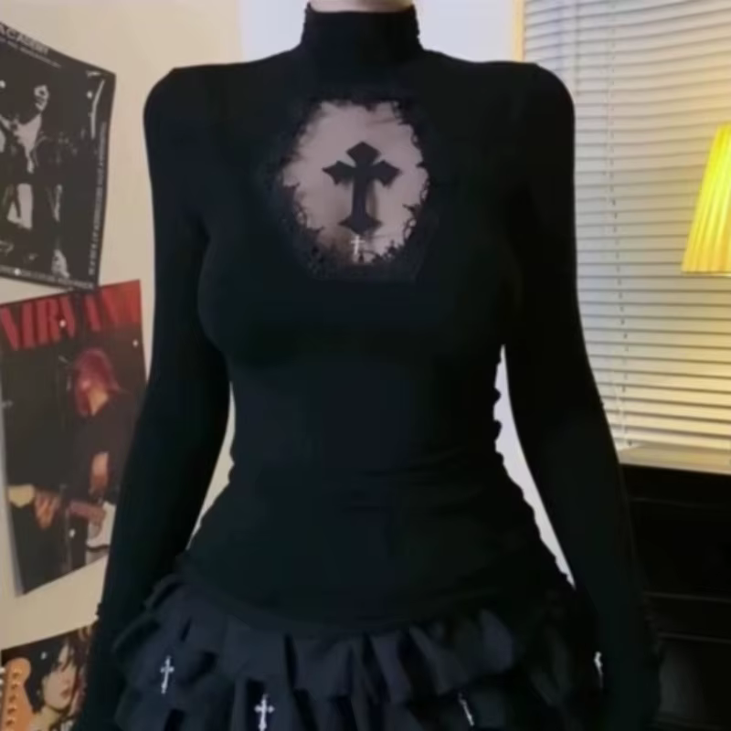 Haut à col roulé Y2k, vêtements gothiques noirs